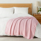 Exclusivo Mezcla Twin Size Knit Blanket with Fringes for Bed, Reversible Super Soft and Warm Woven Boho Throw for All Season, Home Decor, 60"x80", Light Pink