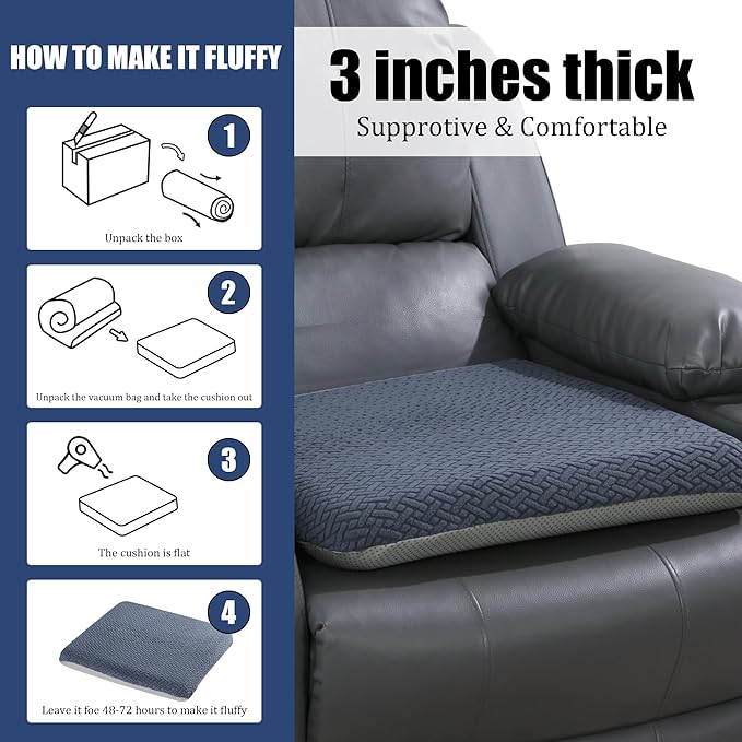HOMBYS Tufted Furry Recliner Seat Cushion for Elderly Foam Curved Edge Large Square Seat Cushion for Recliner Chair, Floor Pillow, Office Chair, Car, No Pressure on Thighs(Grey, 20 * 18 * 3in)
