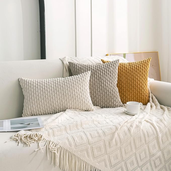 Set of 4 Cream White Decorative Throw Pillow Covers 22x22 Inch Corduroy Pillow Covers for Bed Couch Sofa Living Room Soft Square Cushion Cases