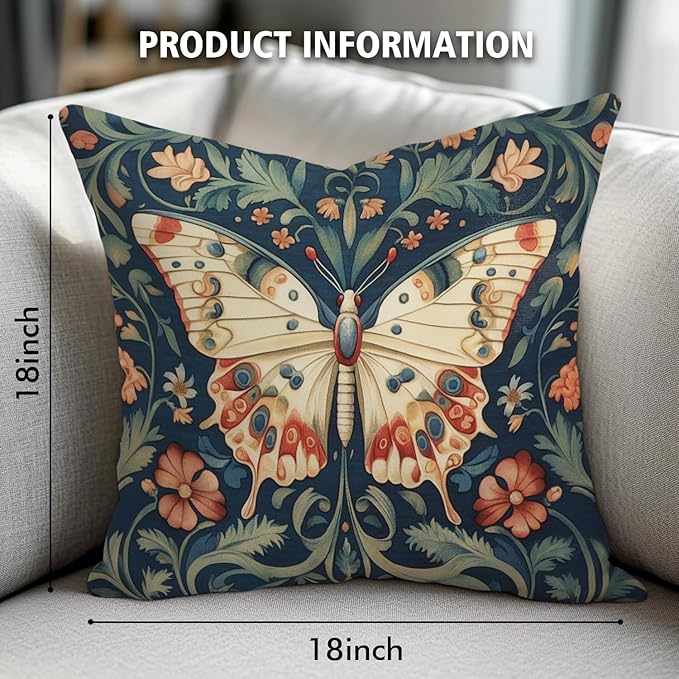William Morris Abstract Vintage Floral Velvet Butterfly Design Throw Pillow Covers Home Decor, Retro Art Decor Pillowcase Cushion Cover for Bed Sofa Living Room, Square 18x18inch (Beige-Butterfly)