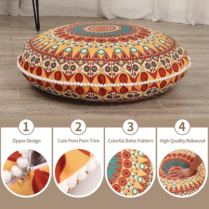 32 inches Meditation Floor Cushion for Adults, 2 Pack Round Large Thick Floor Pillow, Memory Foam Filling, Orange