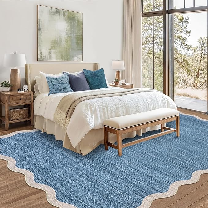 GarveeHome Scalloped Washable Area Rugs 5x7 Rug for Living Room Modern Non Slip Throw Rugs Blue Rug Soft Bedroom Rugs Non Shedding Low Pile Stain Resistant Carpet for Dining Room Nursery 5'x7' Blue