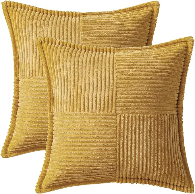 MIULEE Decorative Throw Pillow Covers for Couch Bed Livingroom 16x16 Inch Set of 2 Gold Boho Accent Throw Pllows Broadside Striped Patchwork Soft Corduroy Summer Pillowcases