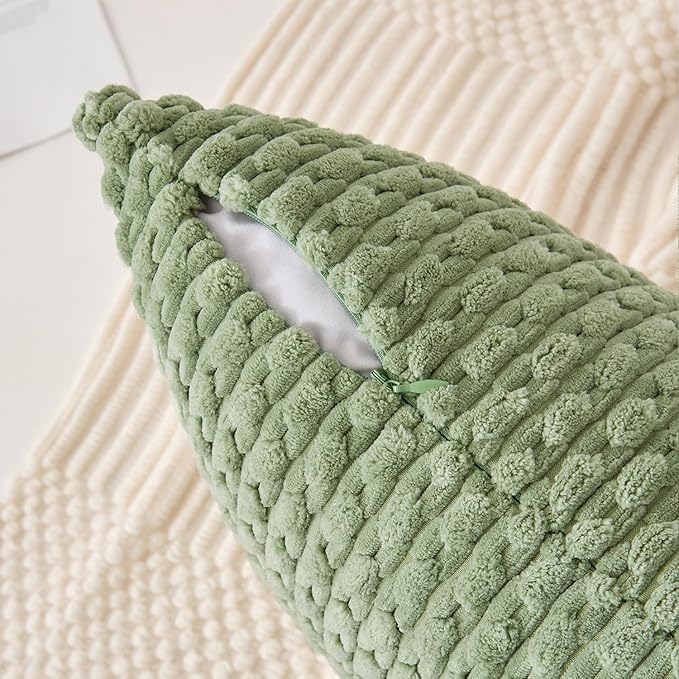Kevin Textile Spring 14x24 Inch Pillow Cover 1 Pack Boho Decorative Soft Striped Corduroy Lumbar Farmhouse Solid Color Accent Rectangle Cushion Case for Living Room Couch Sofa Bed, Sage Green