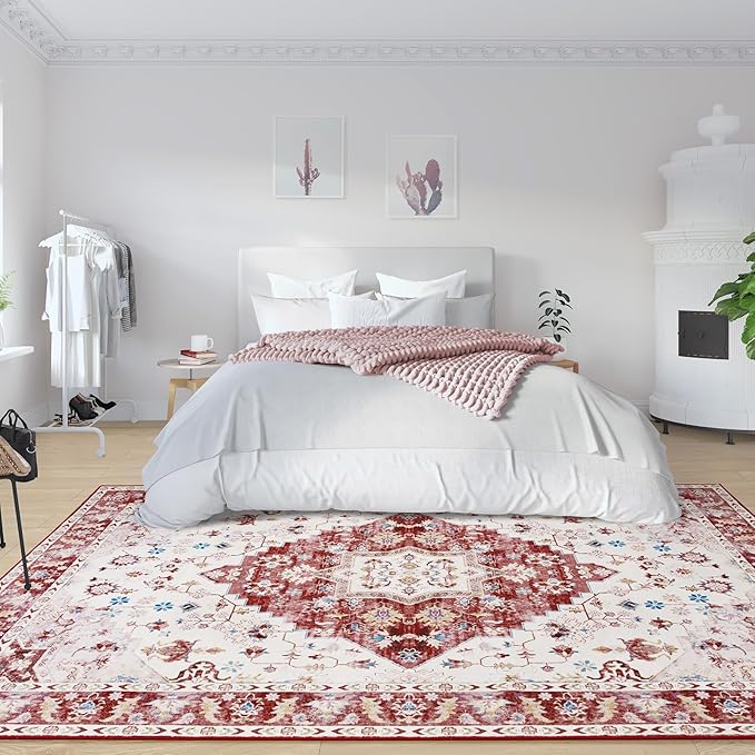 Amearea Vintage Design Area Rugs for Living Room, 6x9 Machine Washable Floral Collection Traditional Bedroom Rug, Low Pile Cute Kids Room Print Carpet, No Slip Office Kitchen Home Decor, Red