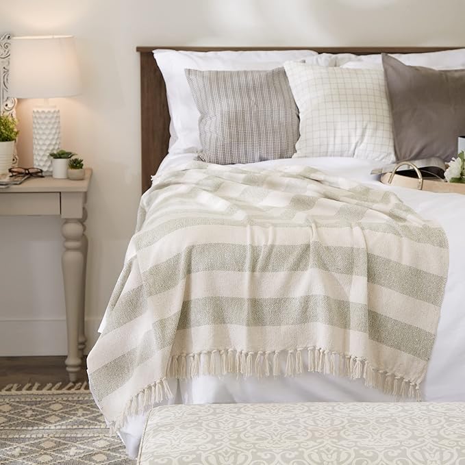 DII Rustic Farmhouse Cotton Cabana Striped Blanket Throw with Fringe, 50 x 60 - Cabana Striped Artichoke