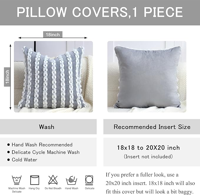 18x18 Boho Pillow Cover - Chenille Tufted Decorative Throw Pillow Cover Soft Velvet Backing, Farmhouse Square Accent Pillow Case for Sofa, Couch, Bedroom, Living Room, Grey-White Stripe