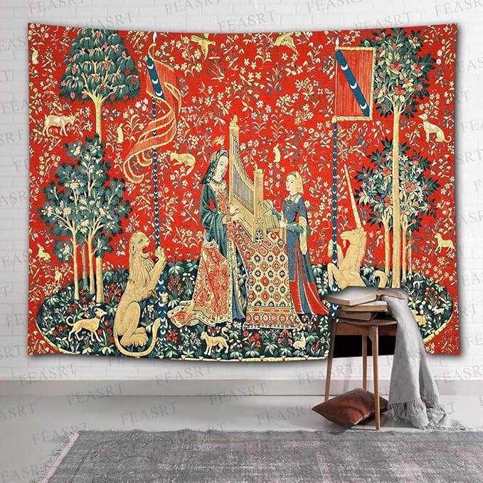 FEASRT Medieval French Art Tapestry - Maiden and Unicorn - European Royal Princess - Wall Hanging for 80x60 inch Bedroom & Living Room Decor