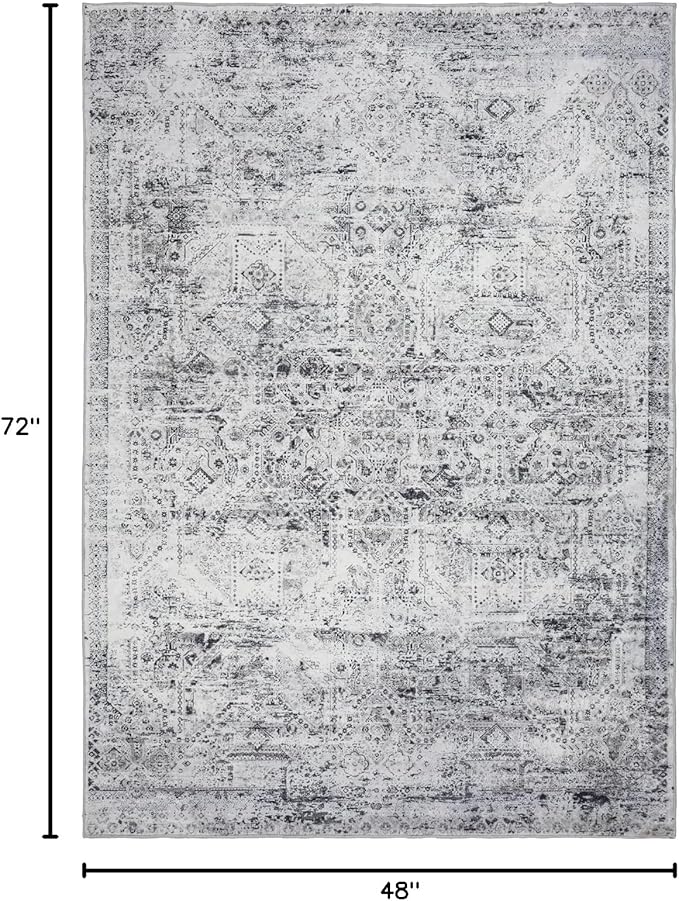 Area Rug 4×6, Vintage Boho Rug,Ultra-Soft Low Pile, Washable, Non Slip,Stain Resistant Printed Carpet for Living Room Bedrooms Playroom Office Kitchen, Classic-Grey