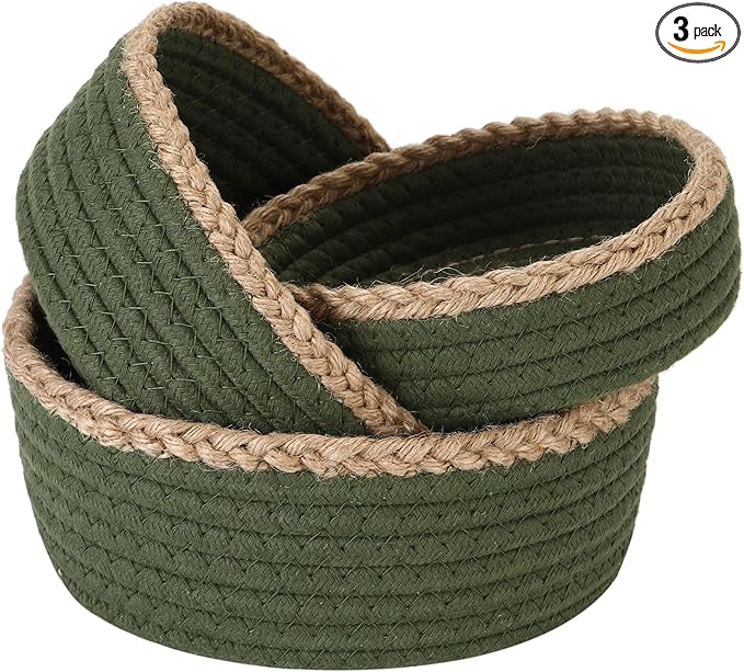 Sea Team 3-Pack Small Cotton Rope Storage Basket Set - Portable Round Organizers with Jute Braid for Small Items, Keys, Makeup & Trinkets