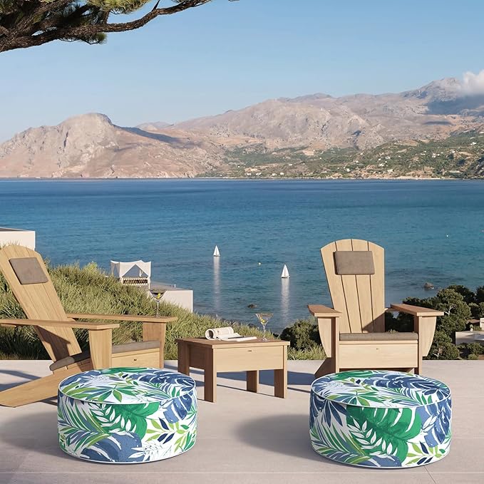 Inflatable Ottoman Stool D21 xH9 for Outdoor/Indoor Use, Water Repellent Patio Foot Rest with Portable Handle,Round Pouf Ottoman Suitable for Garden,Deck and Camping - Islamorada Blue Green