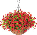 HyeFlora Artificial Fake Hanging Red Plants Flowers Basket for Outdoor Fall Winter Christmas, Faux Silk Daisy Mums Look Real UV Resistant for Outside Porch Home Patio Garden Yard Decoration