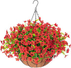 HyeFlora Artificial Fake Hanging Red Plants Flowers Basket for Outdoor Fall Winter Christmas, Faux Silk Daisy Mums Look Real UV Resistant for Outside Porch Home Patio Garden Yard Decoration