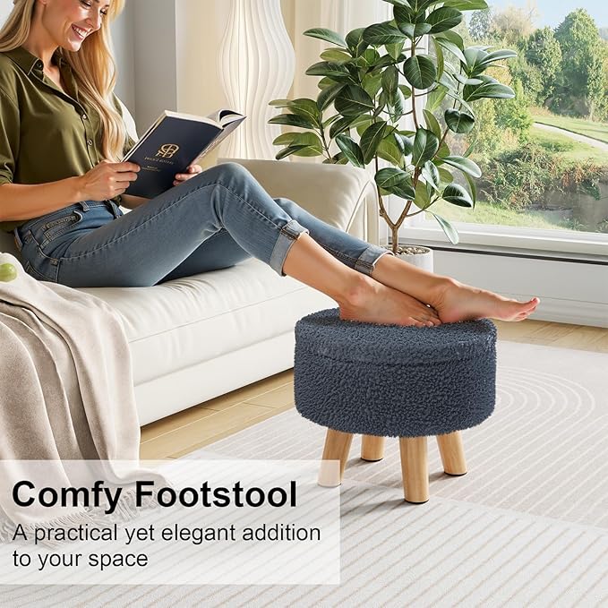 Small Foot Stool, Boucle Round Ottoman with Storage, Cute Foot Rest Stools with Teddy Velvet, Floor Pouf Ottoman Coffee Table, Sturdy Ottomans with Wood Legs for Living room, Nursery, Enterway, Blue
