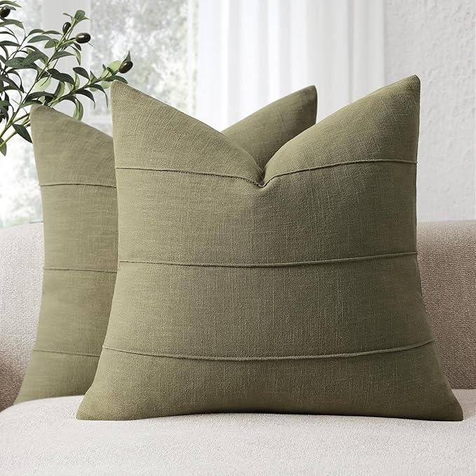 ZWJD Christmas Linen Throw Pillow Covers 26x26 Set of 2 Solid Handcrafted Striped Cushion Covers for Bed Soft Xmas Decorative Pillow Covers for Couch Bedroom Living Room Christmas Decor(Olive Green)