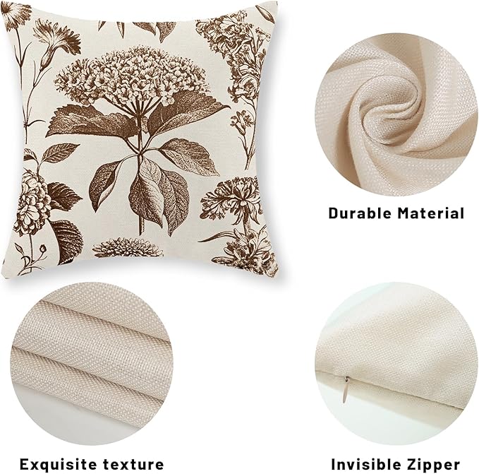 Brown Pillow Covers 16x16 Set of 2 Vintage Boho Floral Hydrangea Herbs Botanical Throw Pillow Cover Outdoor Flower Decorative Pillowcase Linen Farmhouse Cushion Case Decor for Couch Sofa