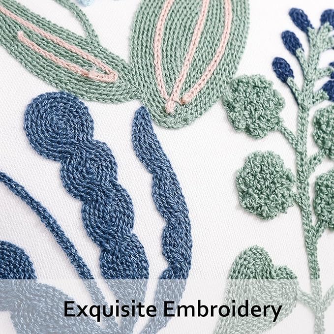 Tosleo Embroidered Pillow Covers 12x20 Set of 2 Green Leaves with Birds Floral Tufted Pillowcases Spring Summer Decorative Coastal Pillow Cushion Cases Lumbar Navy Blue Flower Pillow Case