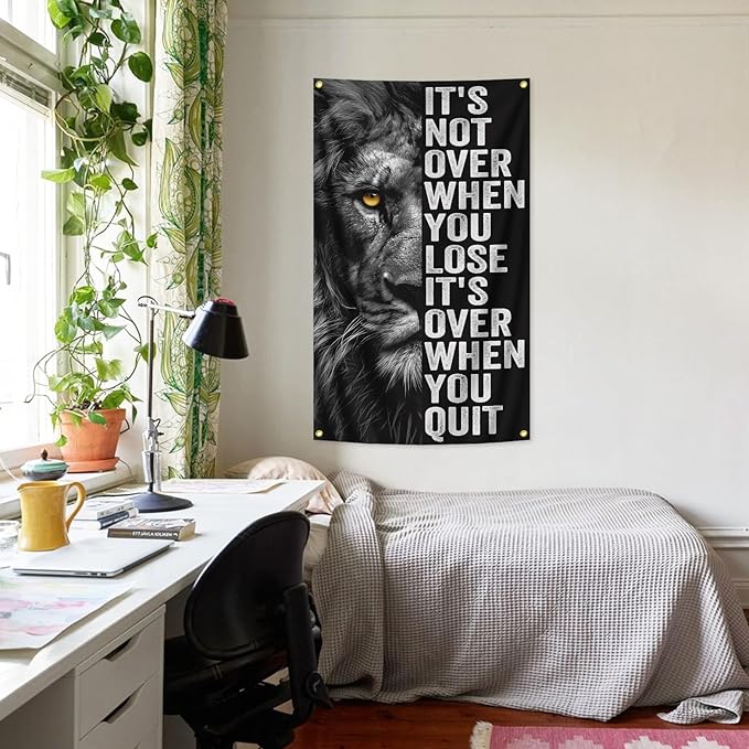 Inspirational Lion Tapestry 3x5FT, Positive Energy Aesthetic Wall Art for Office, Bedroom, Living Room, Study Room, Children's Room Decor, Motivational Quote Poster Wall Hanging