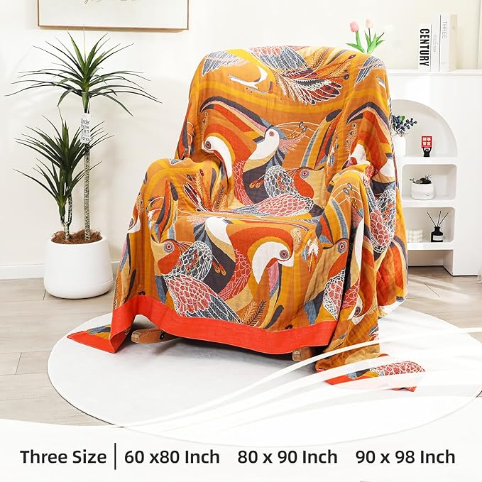 Boho Large Throw Blanket, 100% Organic Cotton Breathable Soft Bed Throw - Floral Bird Farmhouse Decor Blanket for Sofa Couch Chair Quilt and Gift. 91" x 98"- Colorful