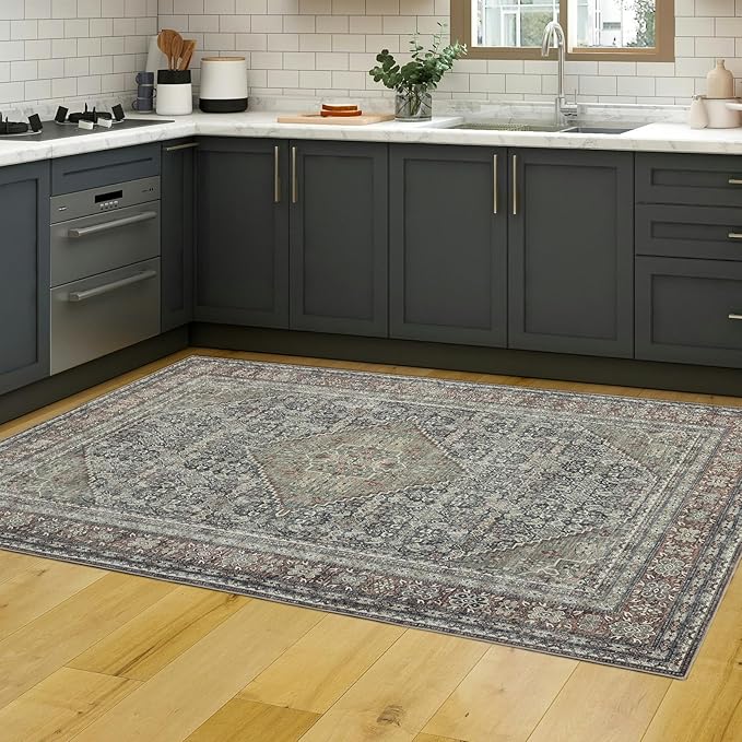Area Rug 4×6, Vintage Boho Rug,Ultra-Soft Low Pile, Washable, Non Slip,Stain Resistant, Printed Carpet for Living Room Bedrooms Playroom Office Kitchen,Rust/Green