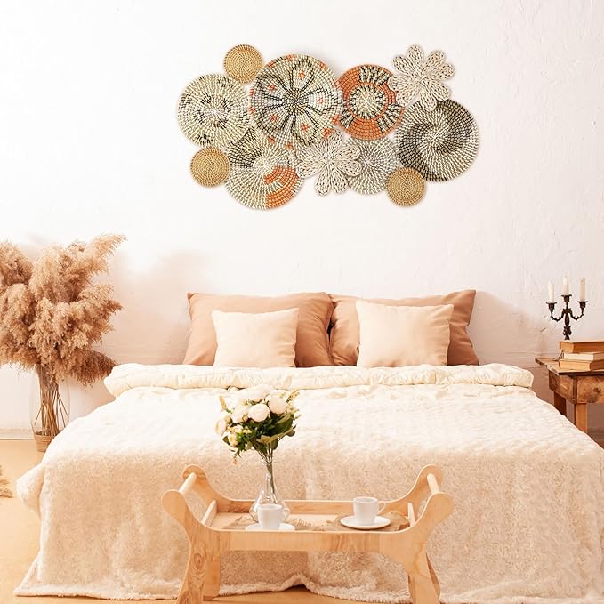 11 Pcs Boho Hanging Wall Basket Decor Handmade Woven Basket Wall Decorative Boho Wicker Baskets Placemats Round Farmhouse Bulrush Art for Rustic Home Decorations Christmas Gift(Cute)