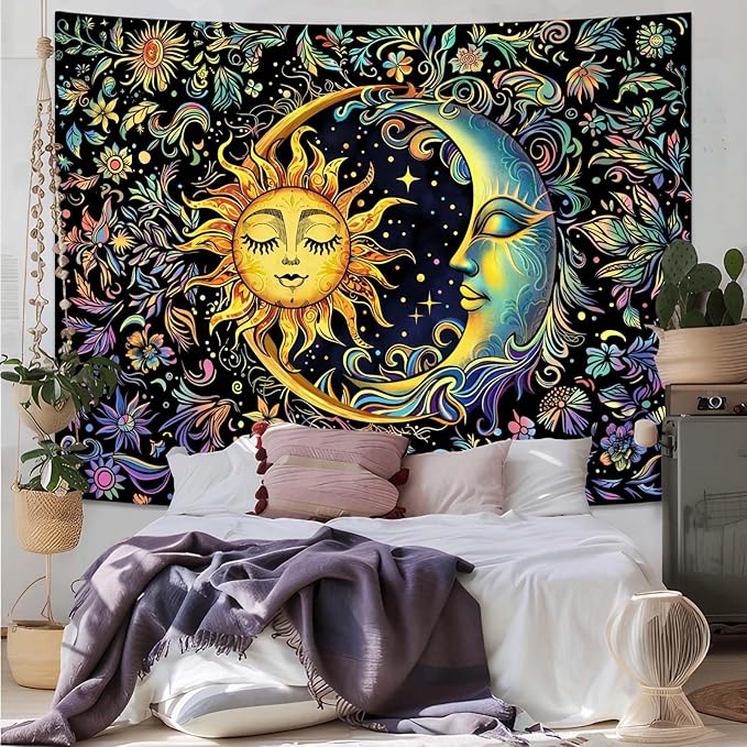 Spenlife Sun and Moon Tapestry Floral Wall Tapestry Boho Tapestries Floral Tapestries Wall Hanging for Bedroom and Living Room Decor Sun and Moon 44×60 Inches