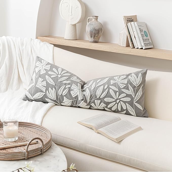 BlissBlush 14x36 Lumbar Pillow Cover for Bed, Light Gray Rectangular Long Throw Pillowcase, Embroidered Velvet Floral Tufted Farmhouse Accent Cushion (Cover Only)