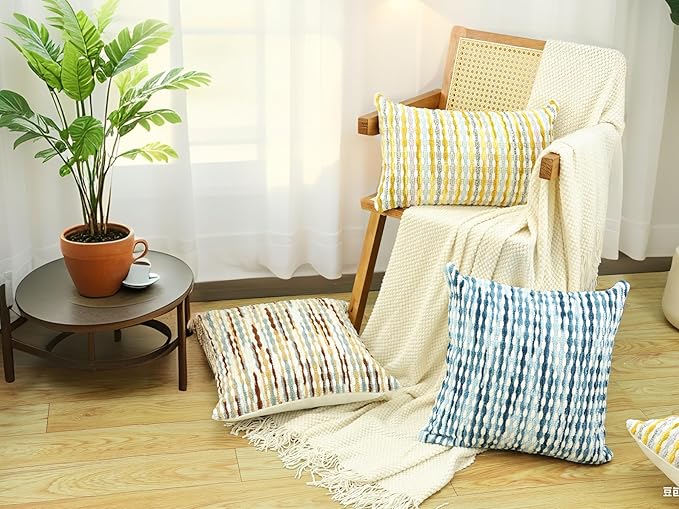 Boho Chenille Striped Pillow Cover 12x20 Inch, Decorative Lumbar Pillow Cover for Couch Bed Sofa Living Room Bedroom Farmhouse Modern Home Decor Accent Pillowcases Set of 2, Yellow White