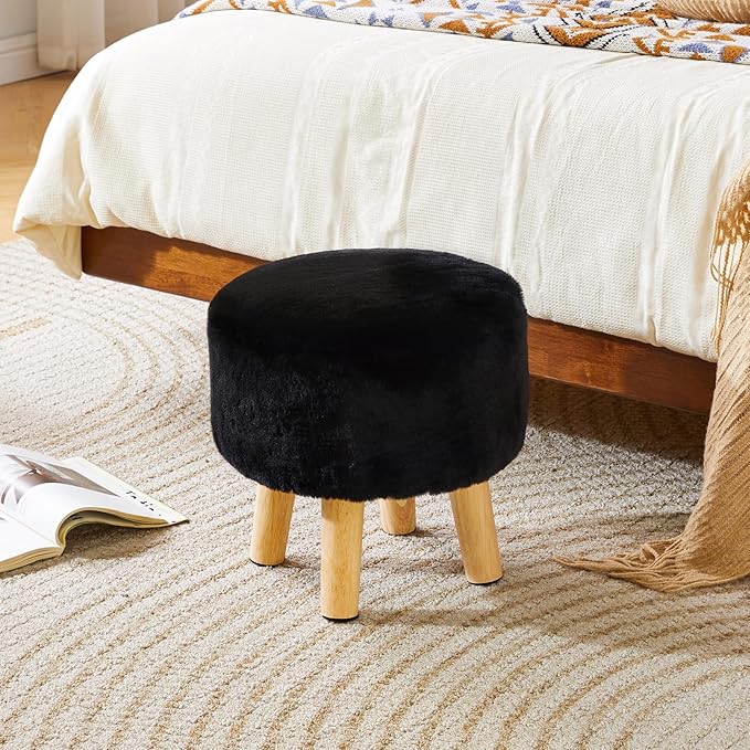 YMYNY Round Pouf Ottoman Small Foot Stool Faux Fur Foot Rest for Couch Modern Boho Footstools with Wood Legs for for Living Room Bedroom Office,12.6" D×12.6" W×12.6" H Black UHBD035B