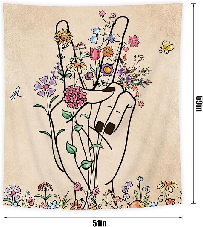 SVBright Peace and Love Beige Tapestry Abstract Hand Flower Botanical Wall Hanging 51Wx59H Inch Minimalist Hippie Floral Line Art Colorful Modern Finger Home Decor for Living Room Bedroom Dorm Fabric