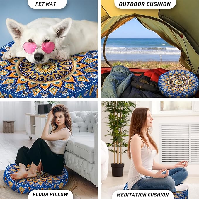 Mandala Meditation Cushion, Boho Meditation Mat, Meditation Pillows for Sitting on Floor, Cushions for Sitting in Home and Outdoor, Round Floor Pillows Cushion Seating for Yoga Accessories 22'' X 22''