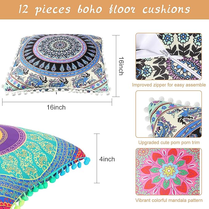 Ganeen 12 Pcs Floor Cushions for Classroom 16'' Boho Kids Seating Pillow Flexible Floor Cushions Meditation Pillows for Toddler Sitting Home School Classroom Kindergarten Daycare Nursery(Square)