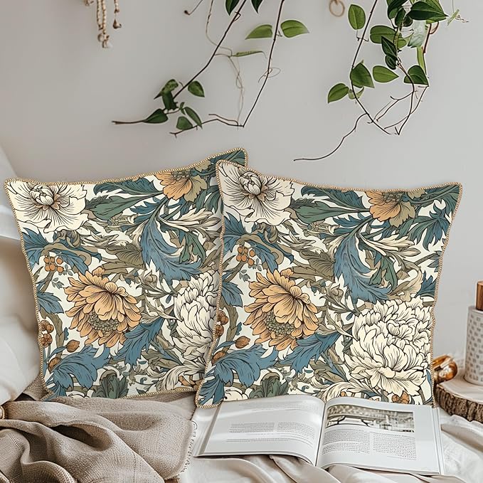 KSLIDS Vintage Flowers Soft Velvet Throw Pillow Covers Set of 2 Floral Plant Leaves Decorative Pillow Covers 16x16 Inch Yellow White Flowers Pillow Case for Sofa Couch Bedroom Farmhouse Home Decor