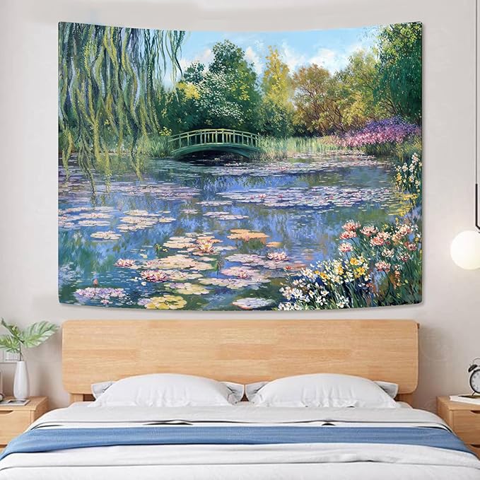 Accnicc Monet Water Lilies Tapestry Green Floral Plant Tapestries Aesthetic Monet Wall Art Posters Nature Flower Garden Landscape Tapestrys for Bedroom Living Room Dorm 80 x 60 Inch