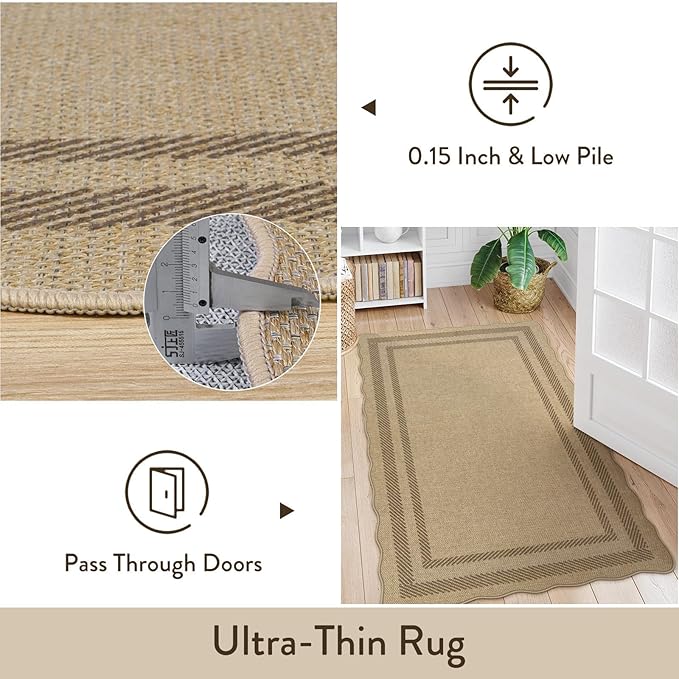 LIVEBOX Scalloped Washable 2x8 Kitchen Runner Rug, Easy Jute Geometric Tan Rugs for Hallway Runner Entryway, Indoor Outdoor Non Slip Rug Farmhouse Modern Carpet Door Mat for Porch Laundry Room