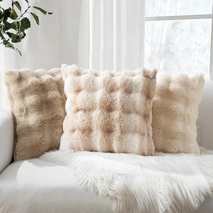 MIULEE Faux Fur Pillow Covers Thick Soft Plush Lumbar Throw Pillows Luxury Spring Home Decor for Couch Bed Chair Bedroom Living Room Sofa,12x20 Inch Pack of 2 White-Beige