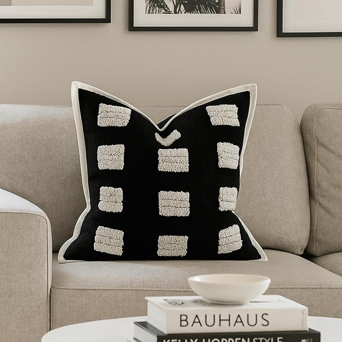 Tufted Boho Throw Pillow Cover, Soft and Luxurious Chenille Fabric, 18x18 inches, Decorative Black and White Pillowcase for Couch, Bedroom, Living Room, Modern Pillowcase for Home Decor