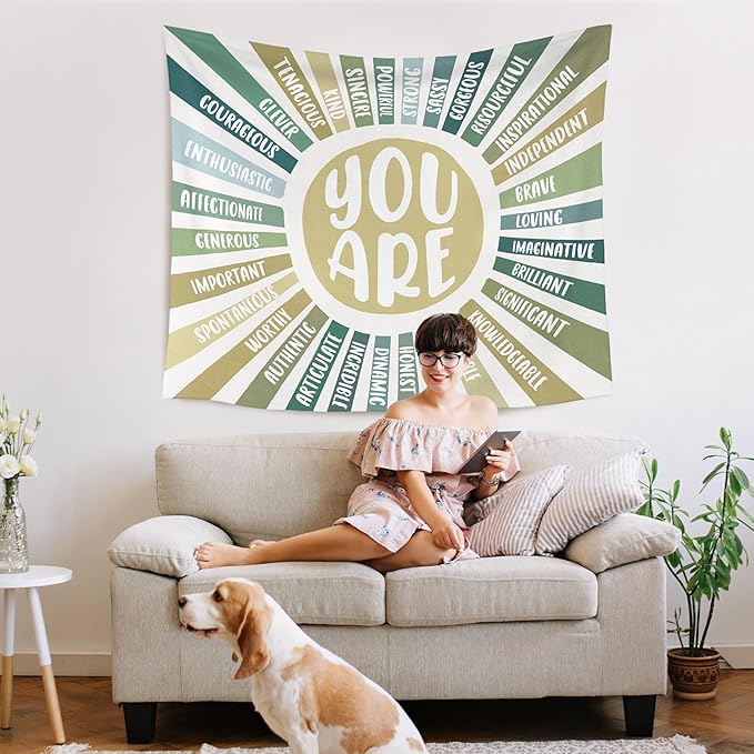 WARDOS Boho Green Sunshine Tapestry, You Are Inspirational Tapestry Wall Hanging, Colorful Boho Sun Positive Affirmation Wall Blanket Decor for Kids Room Nursery Playroom Classroom, 50x60 Inch