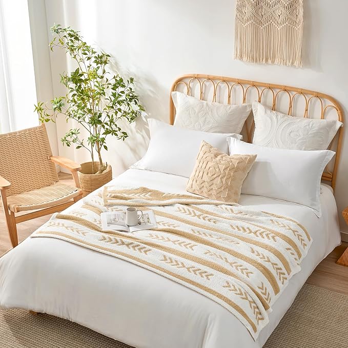 Snuggle Sac Beige Boho Throw Blanket, 50x60 Soft Reversible Fuzzy Knit Throw for Couch, Sofa, Bed, Travel, Cozy Plush Microfiber Blanket for Neutral Home Decor & Gifts