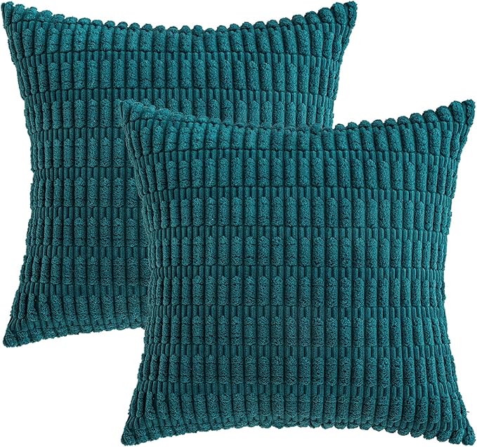 MIULEE Pack of 2 Corduroy Decorative Throw Pillow Covers 16x16 Inch Soft Boho Striped Pillow Covers Modern Farmhouse Home Decor for Summer Coastal Sofa Living Room Couch Bed Teal