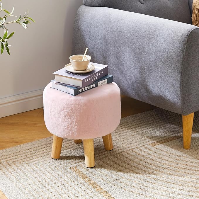 YMYNY Round Pouf Ottoman Small Foot Stool Faux Fur Foot Rest for Couch Modern Boho Footstools with Wood Legs for for Living Room Bedroom Office 12.6" D×12.6" W×12.6" H Pink UHBD035P