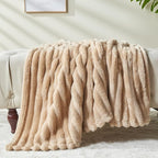 NEWCOSPLAY Super Soft Queen Blanket Brown Premium Silky Flannel Fleece 3D Ribbed Jacquard Lightweight Bed Blanket All Season Use (Brown Ribbed, Queen(90"x90"))