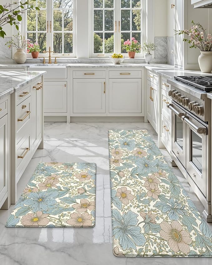 DEXI Kitchen Mats for Floor 2 Piece Set, 17x29+17x59, Cushioned Standing Mat Anti Fatigue, Waterproof Comfort Floral Padded for Laundry Room Office, Blue