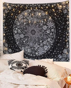 Neasow Bohemian Tapestry Wall Hanging, Black and White Floral Tapestry with Dotted Daisy Medallion Print Bedroom Boho Hippie Home Decor 36×48 inch