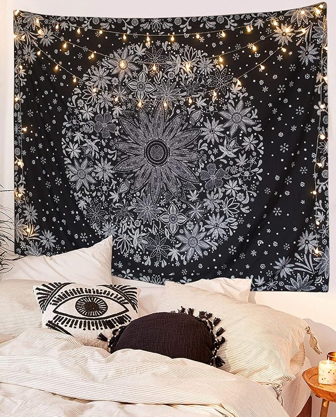 Neasow Bohemian Tapestry Wall Hanging, Black and White Floral Tapestry with Dotted Daisy Medallion Print Bedroom Boho Hippie Home Decor, 50x60 inches