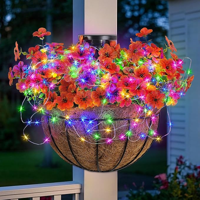 GOESWELL Outdoor Fall Basket with Artificial Flowers: 10 Inch Solar Hanging Faux Silk Flower Basket with String Lights for Porch Patio Wall Tree Decor - Autumn Home Garden Decor for Outdoor