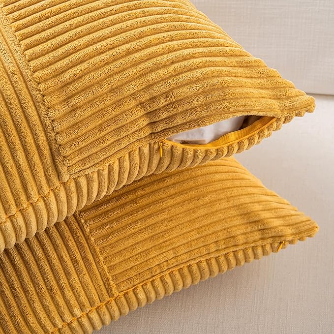 Fancy Homi 2 Packs Gold Yellow Lumbar Decorative Throw Pillow Covers 12x24 Inch for Couch Bed Sofa, Rustic Farmhouse Boho Spring Home Decor, Soft Striped Corduroy Rectangle Accent Cushion Case 30x60cm