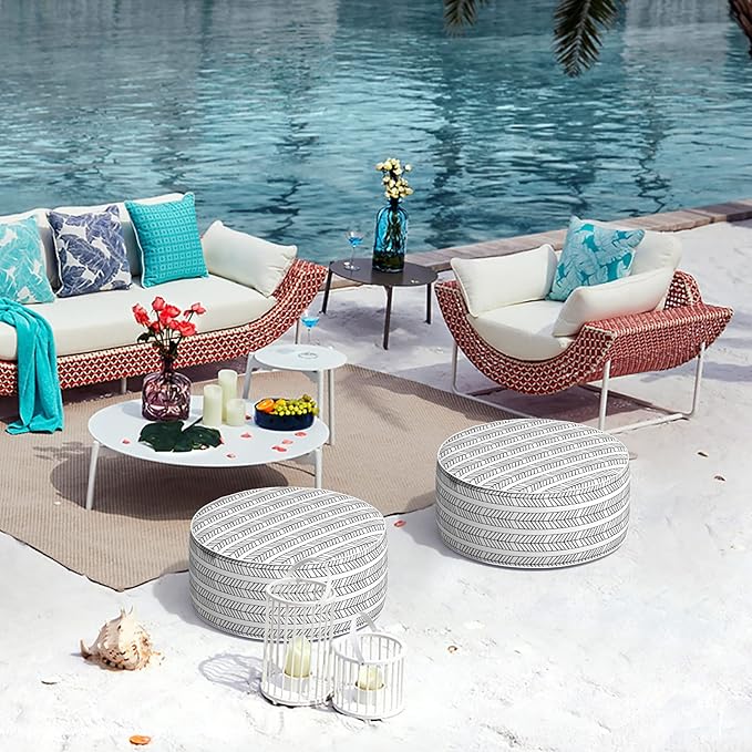 Indoor/Outdoor Inflatable Ottoman D21 x H9 inch, Round Footstool Inflatable Foot Rest Ottoman with Handle, Portable Ottomans Pouf for Patio, Garden, Camping, Home, Herringbone Black White