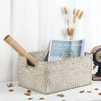 Hipiwe Seagrass Storage Basket Bin Rectangular Handwoven Wicker Storage Box with Handle Opened Baskets for Shelf Organizing Closet Bathroom, 13.3 x 9.8 x 6.7 Inch