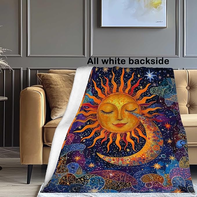 Sun and Moon Blanket Throw, Plush Blanket Gift for Adults, Hippie Witchy Lightweight Soft Fleece for Bedrooms, Meditation, and Decor, 40x50 Inches